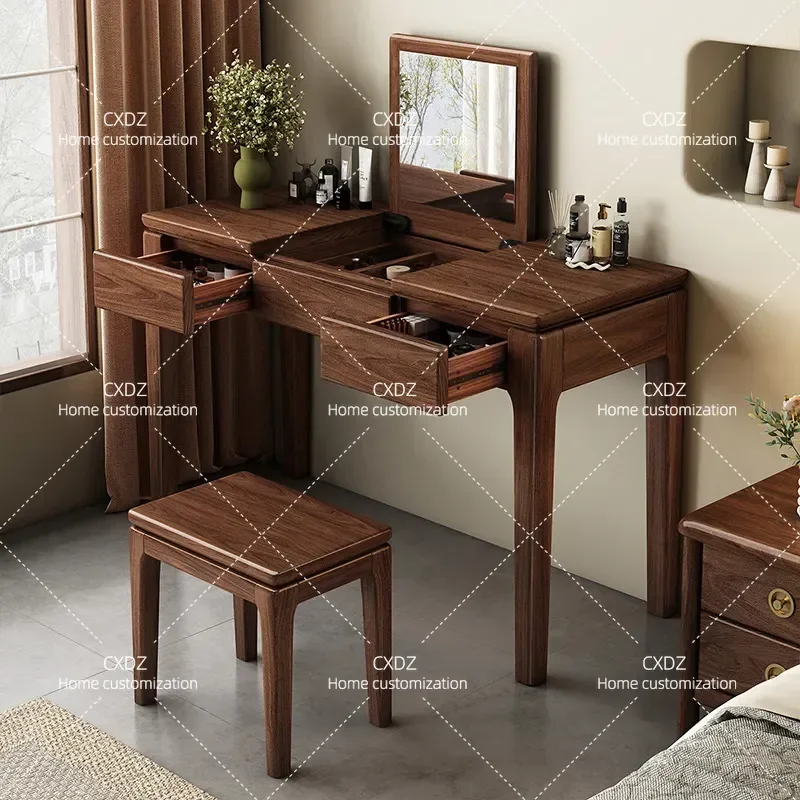Black Walnut Solid Wood Dresser Storage Desk Antique Makeup Table for Home Bedroom Apartment Vanity with Drawers Compact Size
