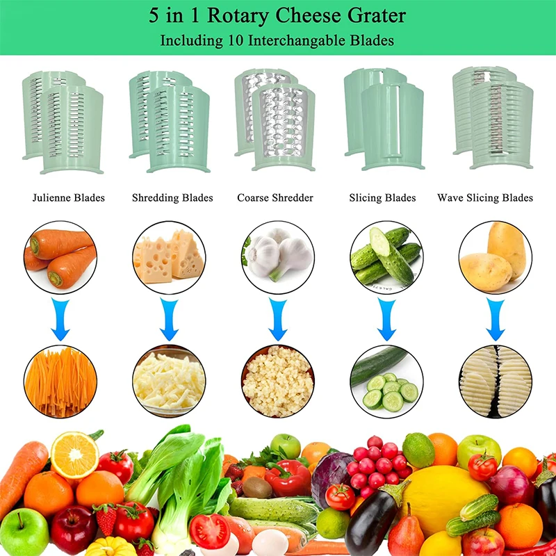 5 in 1 Rotary Grater Hand Crank Cheese Grater Vegetable Slicer Kitchen Mandoline Vegetable Slicer Shredder For Carrot Potato