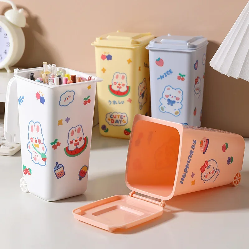 1 Piece Cute Mini Funny Desktop Trash Pen Holders with Lids for Stationery Storage Student Home Desks