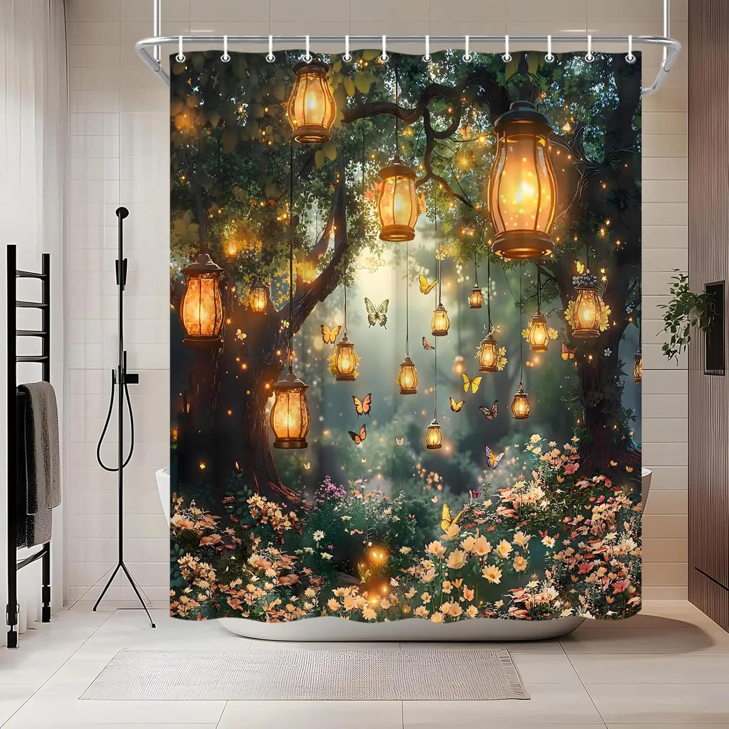 Gothic Enchanted Forest Shower Curtain Fantasy Green Jungle Lantern Magic Fairy Rainforest Wonderland Rustic Garden Mysterious