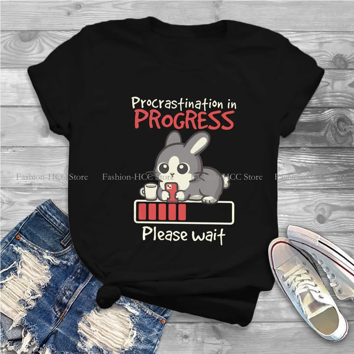 Rabbit Animal Pattern Polyester TShirt for Women Bunny Procrastination In Progress Soft Casual Sweatshirts T Shirt