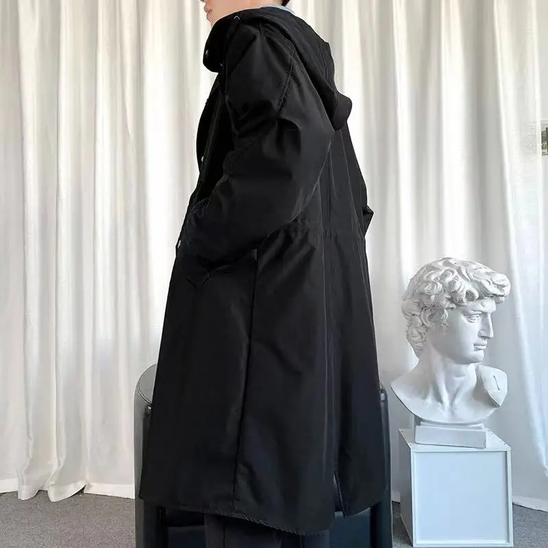 2024 männer Windjacke Jacke Langen Graben Oversize Lose Streetwear Mit Kapuze Vintage Schwarz Mäntel High Street Casual Männlichen Oberbekleidung