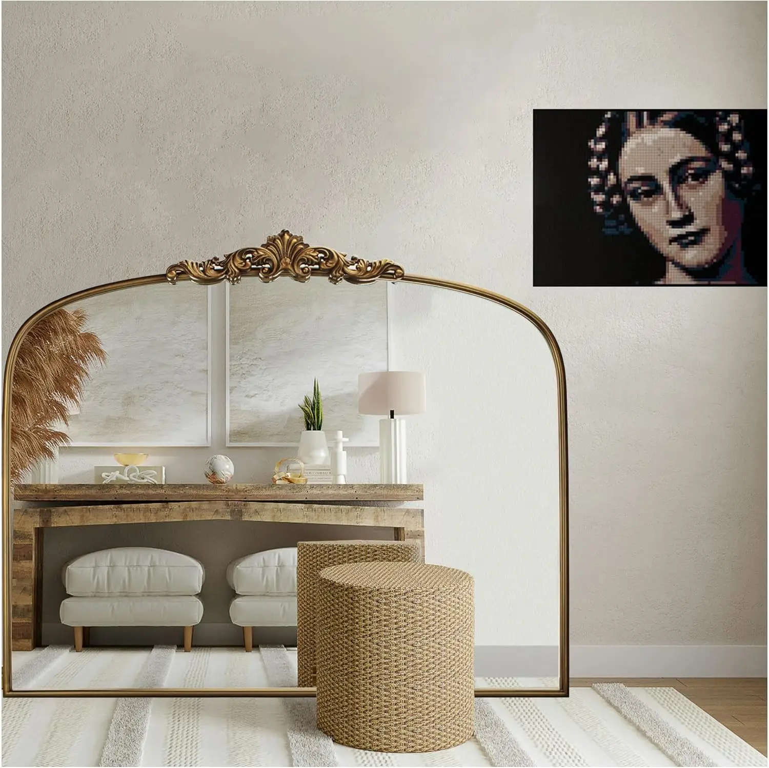 

Vintage Gold Ornate Baroque Mirror - 36"X30" Arched Antique Brass Mirror with Full Metal Frame - Ideal for Entryway, Fireplace,
