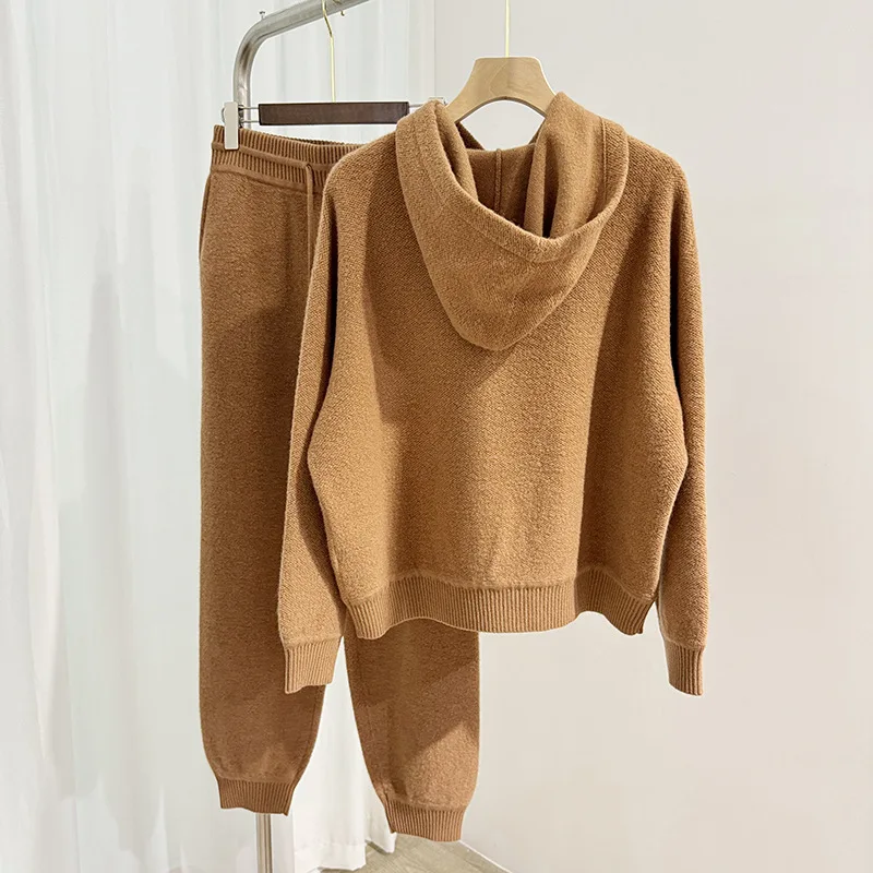 Autumn 2024 Women Solid Color Set Elastic Waist Long Pants and Long Sleeve Hooded Sweater Female Cashmere Wool Suit