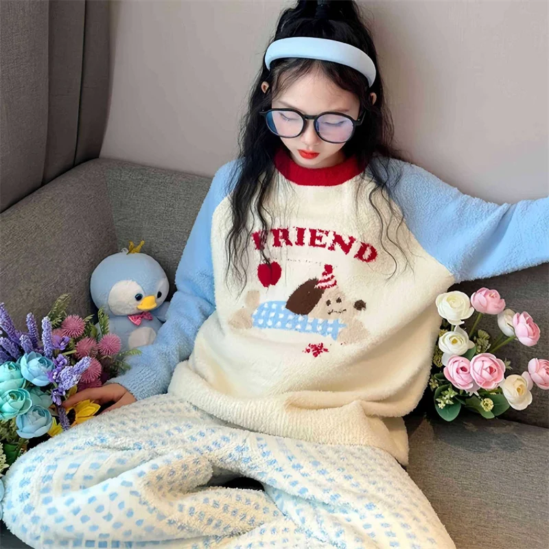 Children Winter Pajamas Suits Kids Home Soft Comfortable O-Neck Top Trousers 2Pcs Girls Cute Print Thick Thermal Clothes Sets