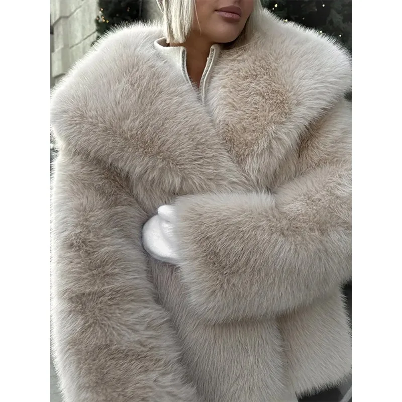 2025 hiver chaud Highstreet vêtements d'extérieur de luxe fausse fourrure femmes manteau mode revers à manches longues moelleux recadrée ample Chic veste dame