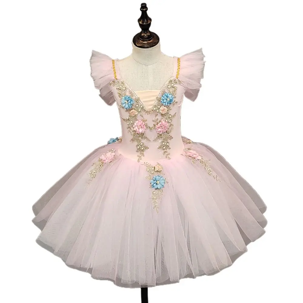 ファッションスパンコールキッズバレエドレス花プロフェッショナルパフォーマンス服ふわふわ白鳥の湖バレエチュチュキッズガールズ