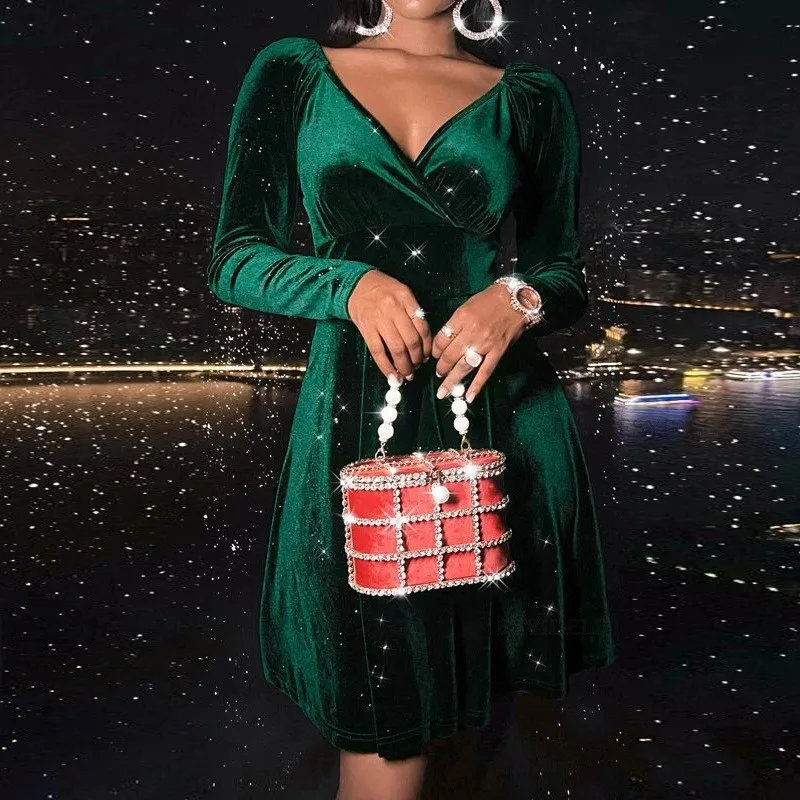 Women's 2025 Spring Autumn Long Sleeve Sexy Deep V Neck Holiday Dress Fashion Slim Elegant Long Christmas Party Dress