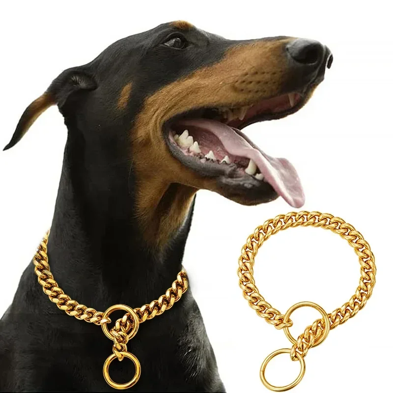 Golden Stainless Steel Dog Necklace P Chain Titanium Steel Dog Collar for All Stage Dog Breeds for Pet Training