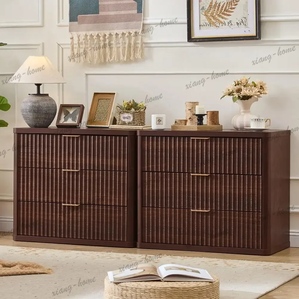 ls31 Wide Fluted Night Stand Set of 2, Oversized Extra Large 3 Drawers Nightstand, Walnut Wood Bedside Table,Tall End Tables,Mod