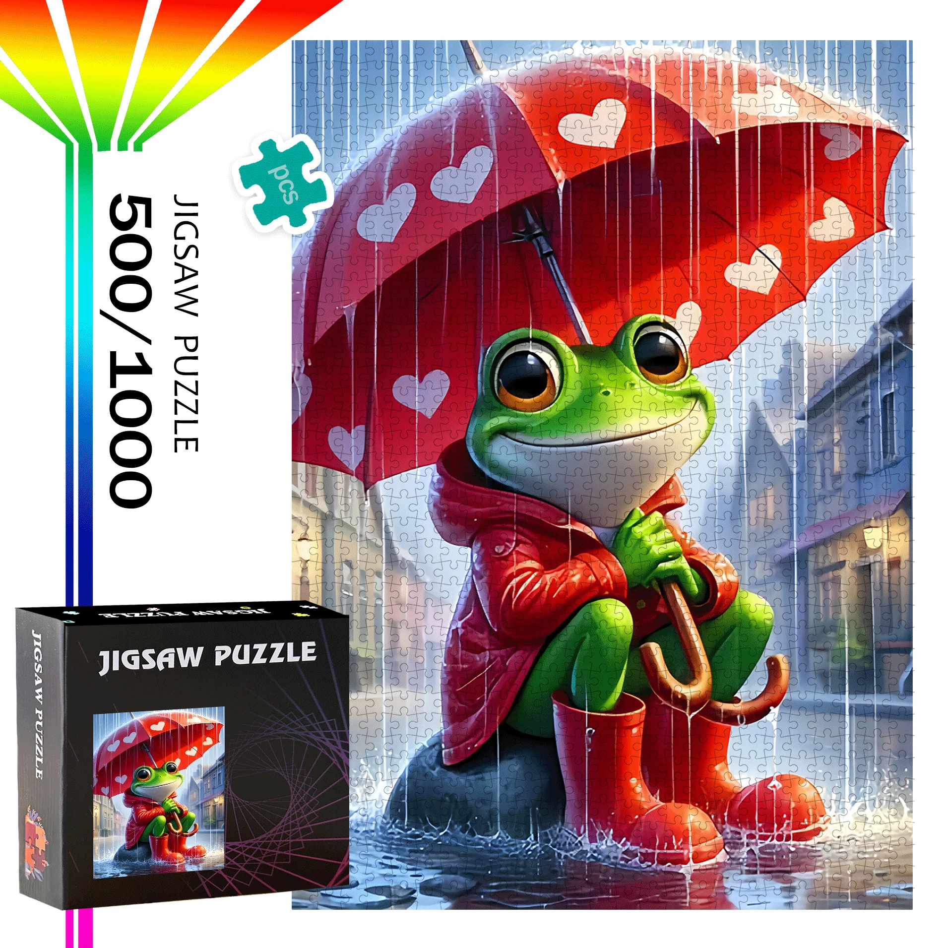500pcs or 1000pcs Jigsaw Puzzle with Cute Frog & Umbrella - Challenging Rainy Day Scene with Hearts & Frog Characters, Vibrant
