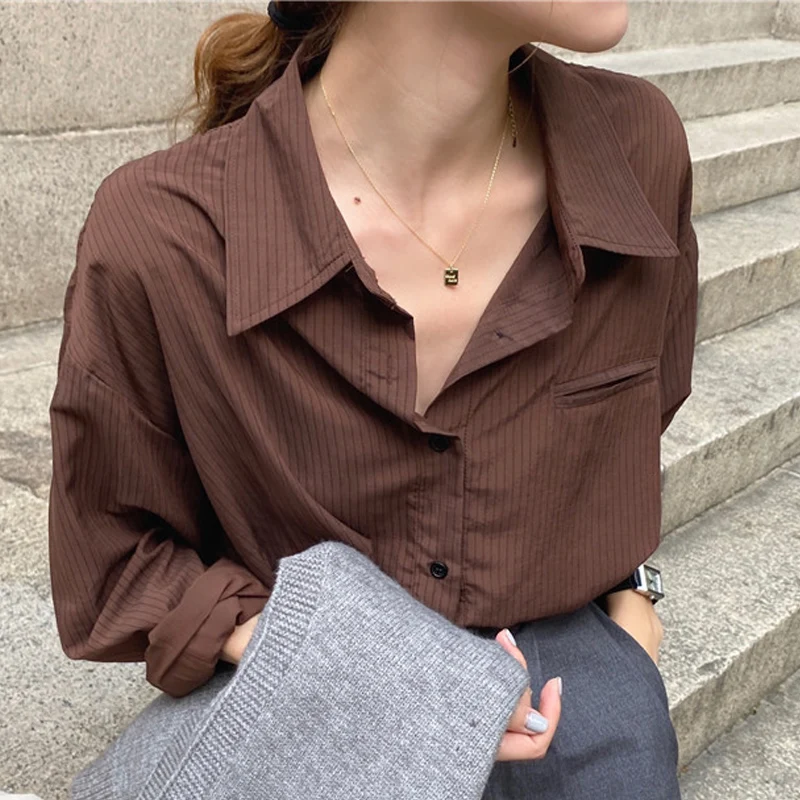 Women's Striped  Collar Long Sleeve Shirt Summer 2024 New Korean Design Retro Hong Kong Style Sun Protection Casual Shirt