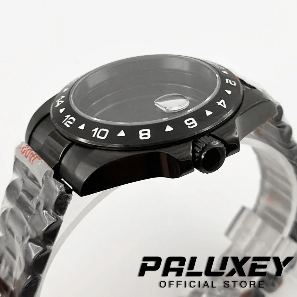 PVD Czarny EXP 24-godzinny 40MM Stała ramka Koperta zegarka Bransoletka ze stali nierdzewnej Szkło szafirowe do mechanizmu NH34 NH35 NH36 ETA2824