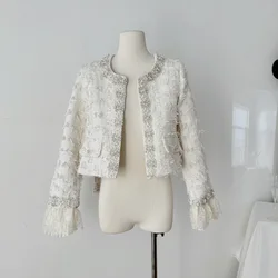 Sweet Luxury Diamonds Beading Tassel Tweed Outerwear New Fashion Autumn Women Round Collar Lace Long Sleeve Short Cardigan Coat