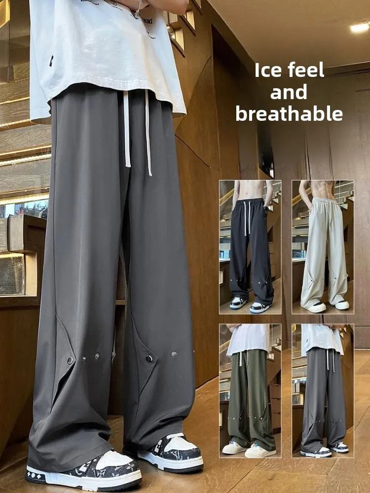 

Мужские повседневные брюки из ледяного шелка с широкими штанинами, летние, прямого кроя, свободные, струящиеся, слегка расклешенные, в пол, тонкие