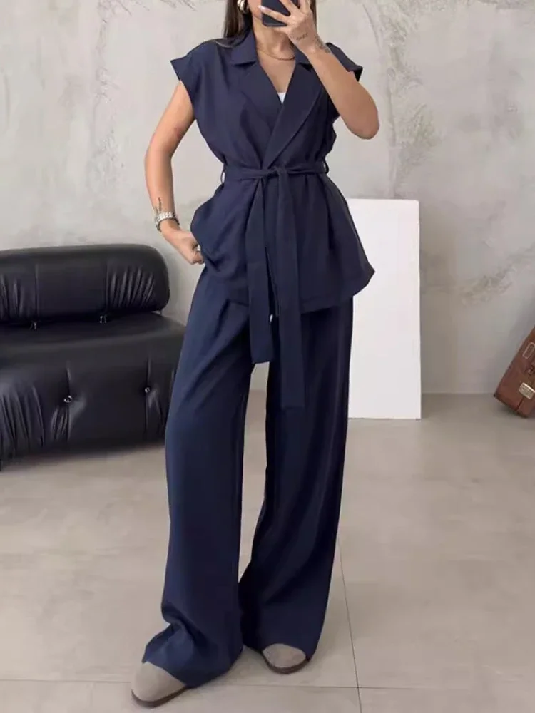 Spring Summer Office Lady Fashion Elegance Solid Color Turn Down Collar Belt Sleeveless Vest+High Waist Wide Leg Long Pants