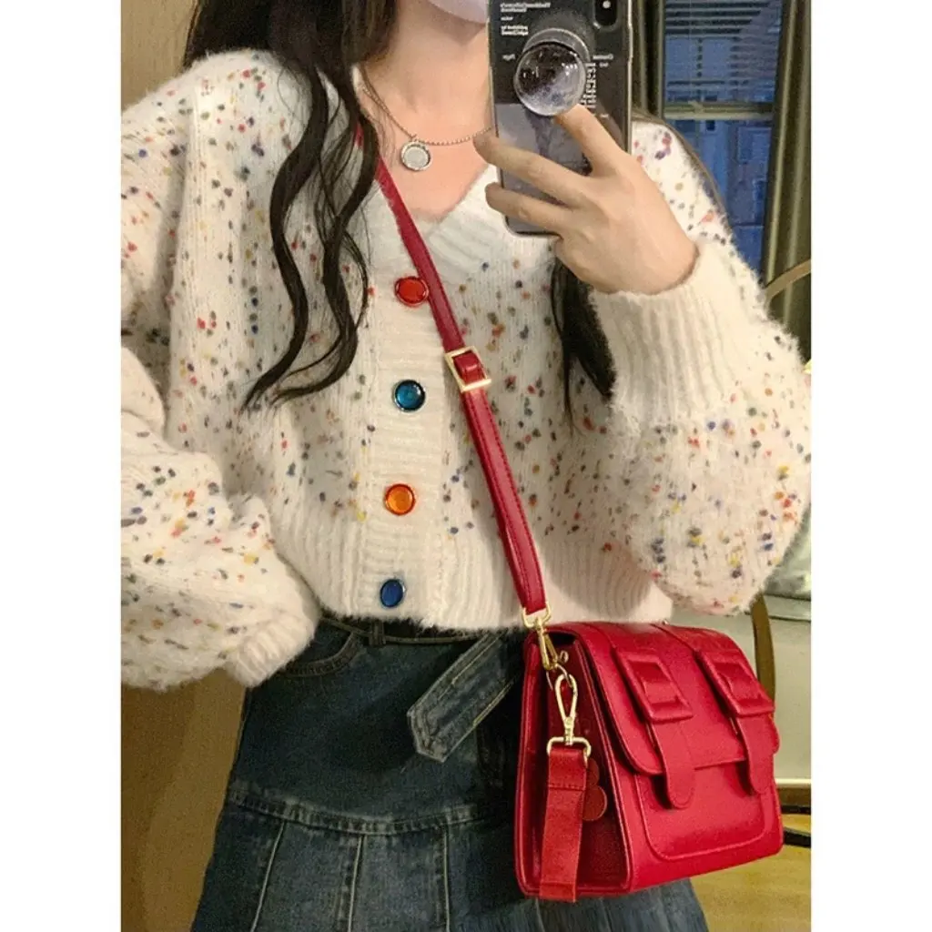 

Women's V-Neck Cardigan Breast Fufu Knitwear Soft Waxy Casual Short Style Bf Lazy Colorful Spring Fall