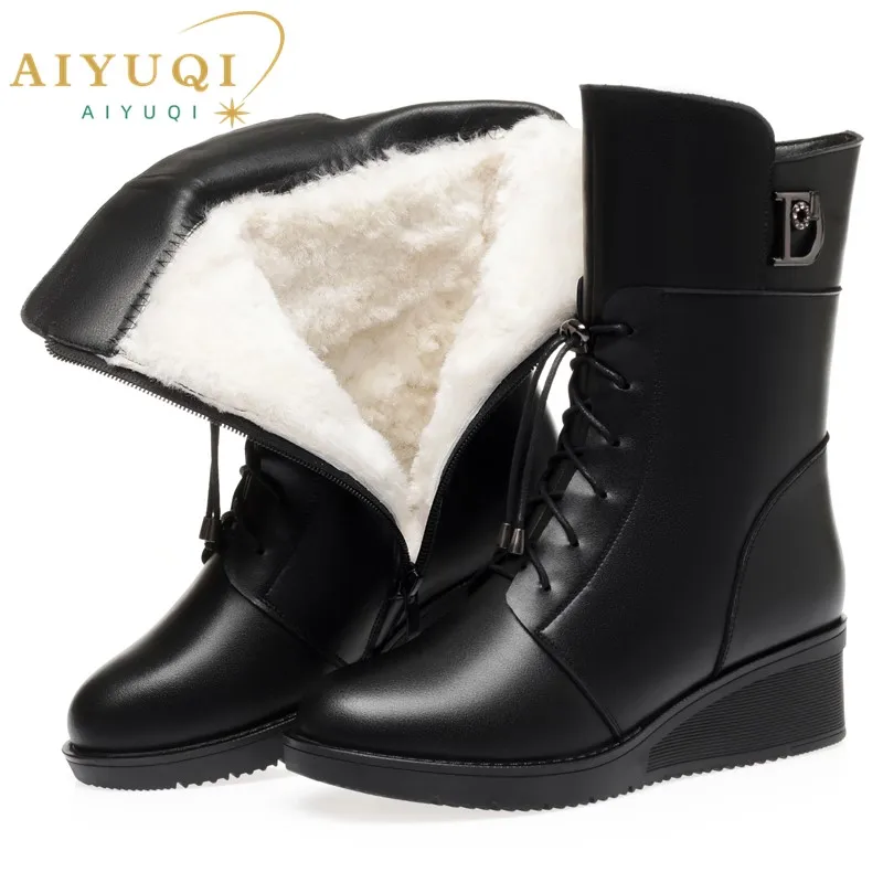 

AIYUQI Women's Boots Wedge Winter 2024 New Large Size Genuine Leather Women Snow Boots Natural Wool Mother Short Boots Women