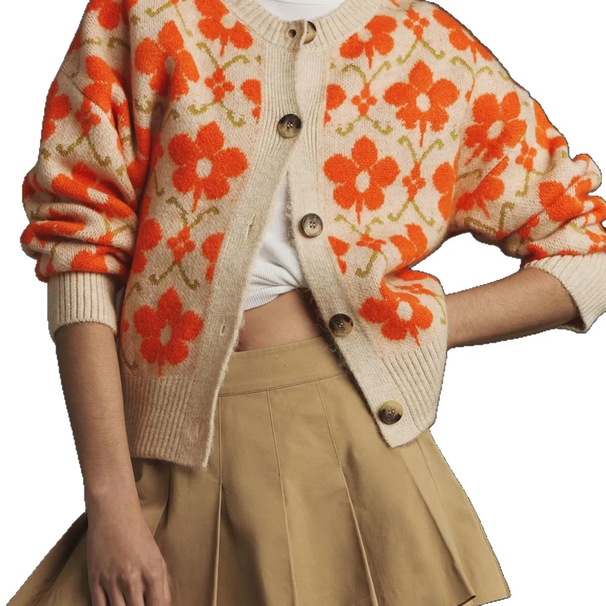 

2025 New Fashion Printed Button Knitted Cardigan Women Autumn Casual Loose Flower Round Neck Home Jacket For Women