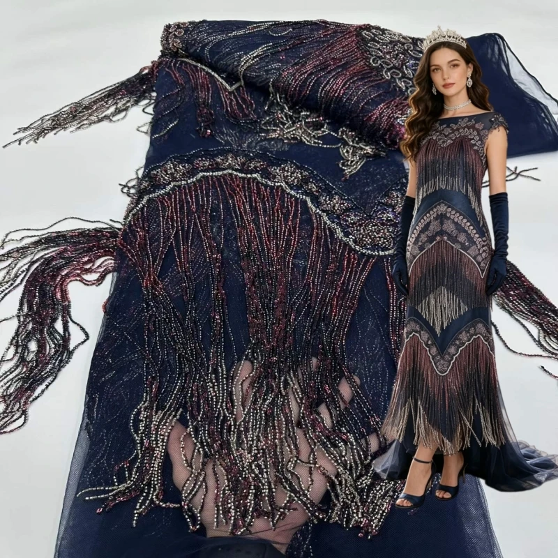 Navy Blue 3D Draping Beaded Sheer Lace Fabric High‑Grade French Sequin Mesh Lace for Luxury African Wedding & Banquet Gowns