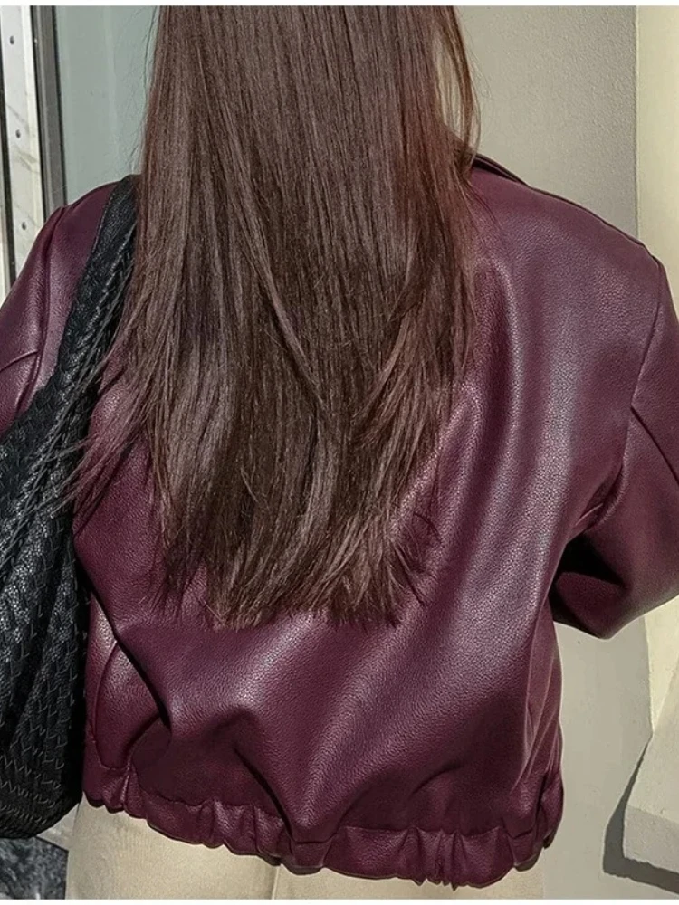 New in Spring Summer Women Jackets Fashion Lapel Zipper Long Sleeve Female Coats Lady Street Outwear Burgundy Leather Jacket