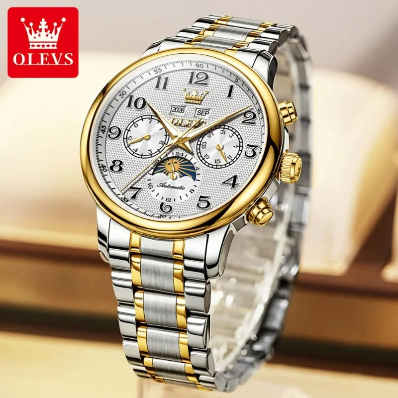OLEVS 7126 Automatic Mechanical Watches Men Luxury Brand Original Perpetual Calendar 24 Hour Moon Phase Business Man Wristwatch