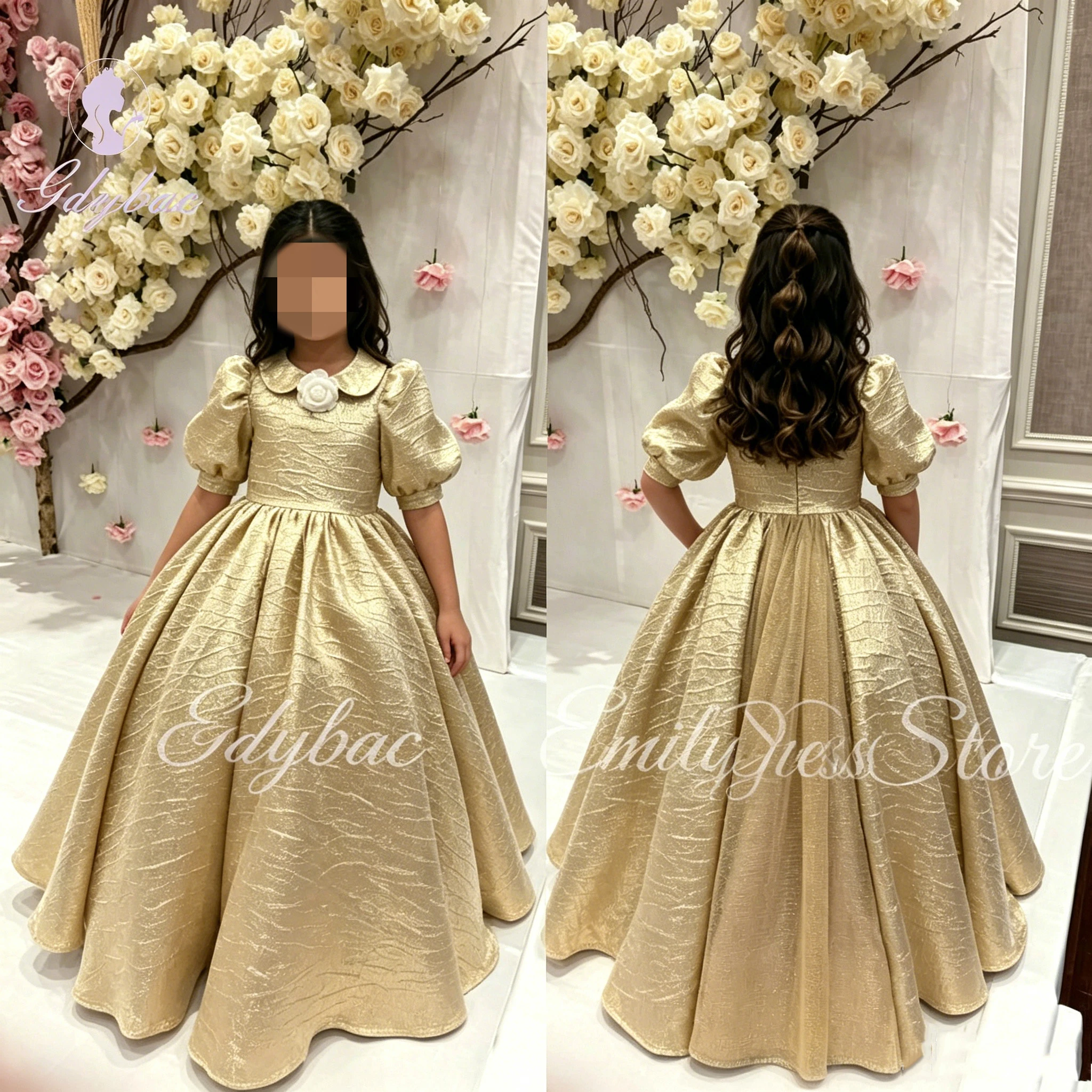 

Shiny Sister of Bride Custom Dress Gold Flower Girl Dress For Wedding Peter Pan Collar Kids Birthday Ball Teen Gown