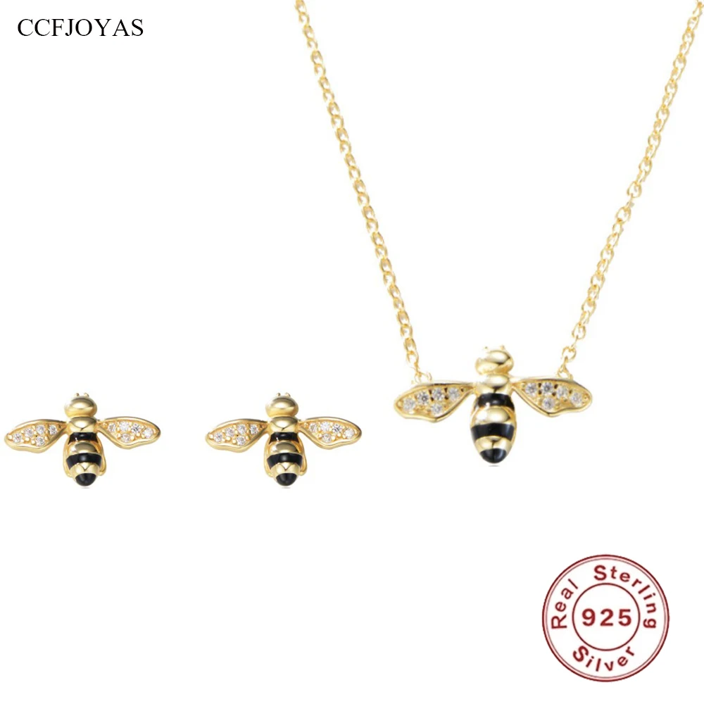 

CCFJOYAS 100% 925 Sterling Silver Small Honey Bee Necklace/Earrings Set for Women 18K Gold Plated Sweet Animal Jewelry Set New