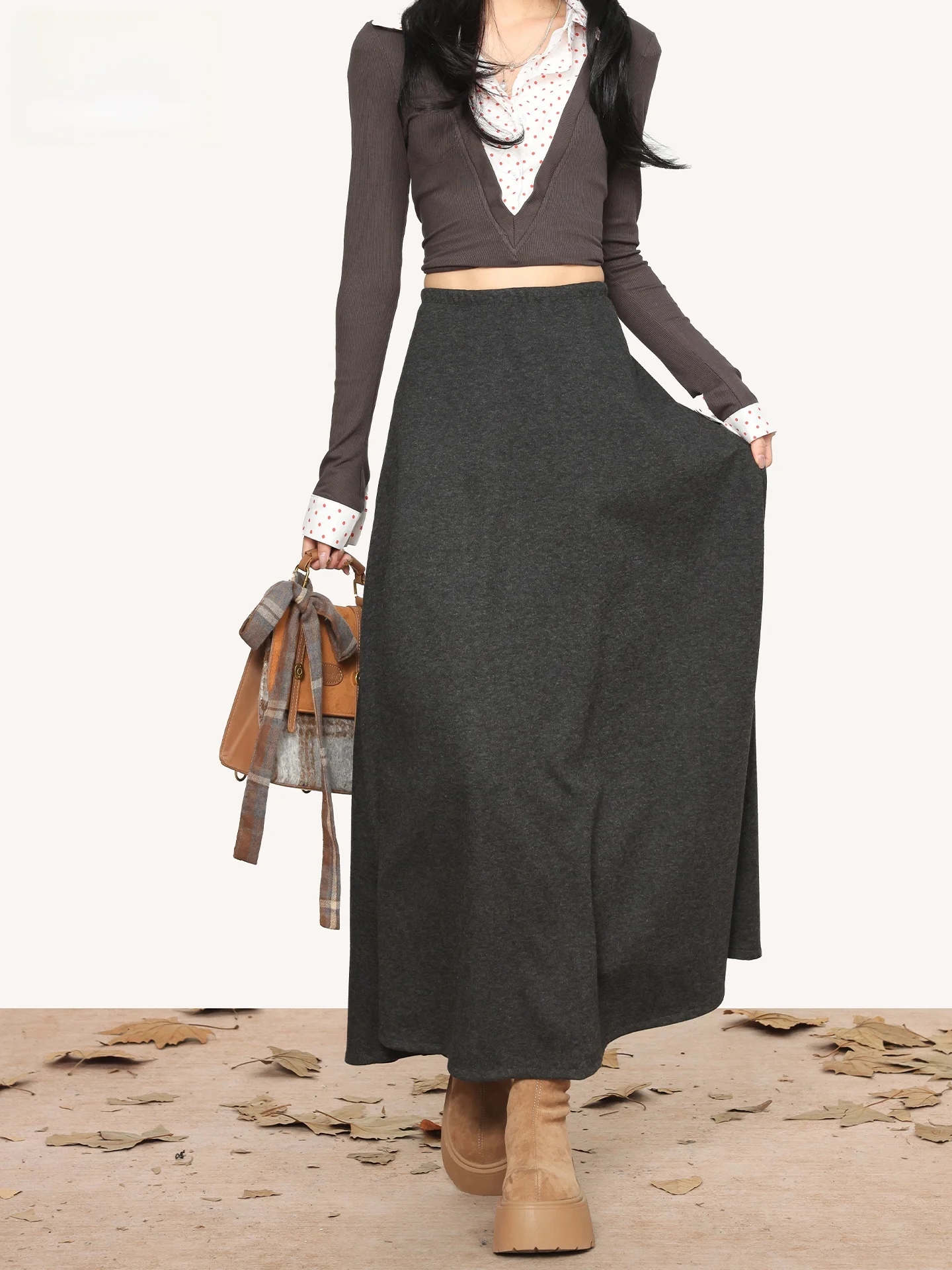 

Серая утолщенная шерстяная юбка А-силуэта с высокой талией, повседневная, струящаяся, стройнящая, длинная, весна-лето, новинка, женская мода