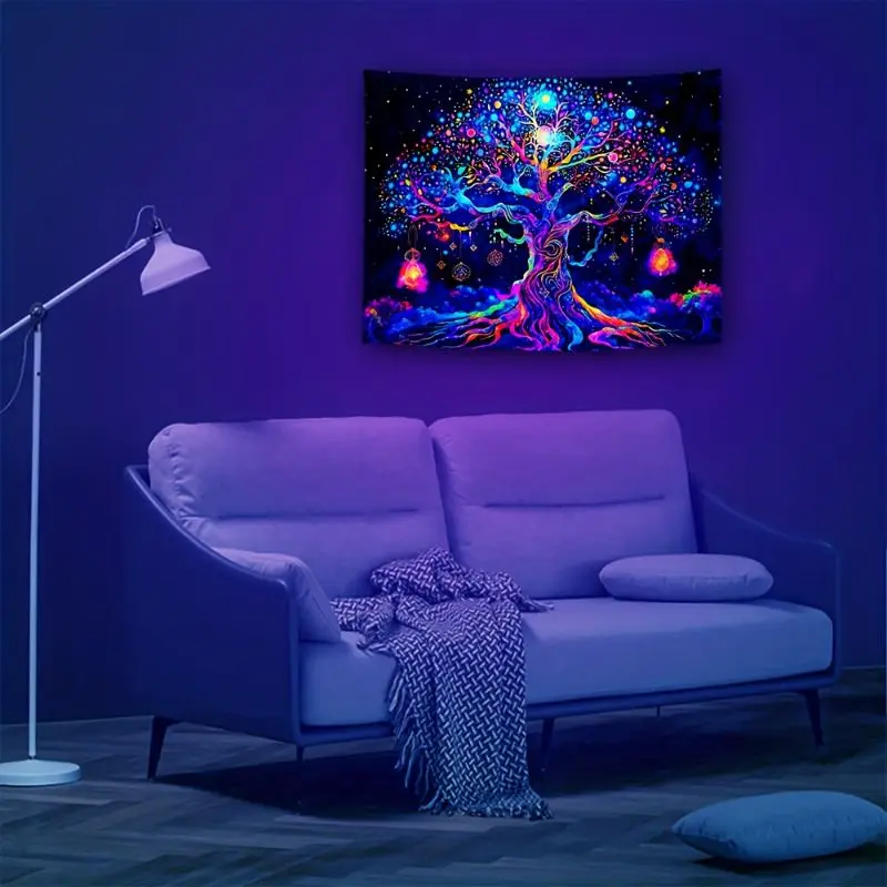 VIKAMA Uv Luminous Tree Of Life Starry Sky Tapestry, Psychedelic Style Bedroom e-Sports Room Wall Hanging Home Decoration