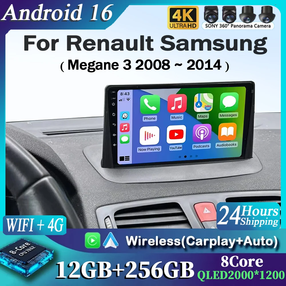 For Renault Samsung Megane 3 2008 - 2014 Android 16 12+256GB Car Radio Carplay Auto Multimedia Stereo Video Player GPS Navigatio