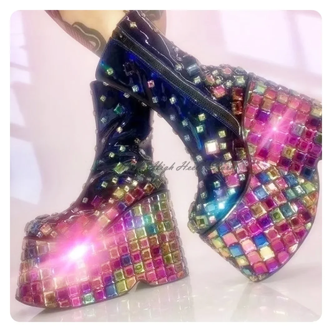 

Club Gem Rhinestone Platform Wedges Boots Lady Design Zip Round Toe High Heel Blingbling Boots Fashion Shoes Dress Girl
