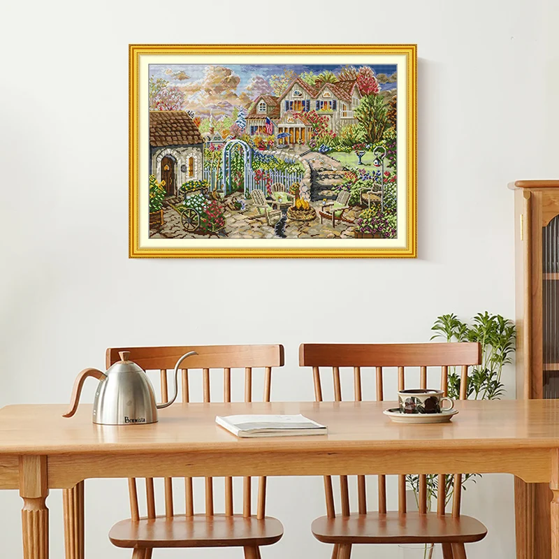 Joy Sunday Landscape Garden Courtyard Printed Canvas Cross-Stitch 16CT Embroidery Complete Kit Knitting Hobby Sewing Painting