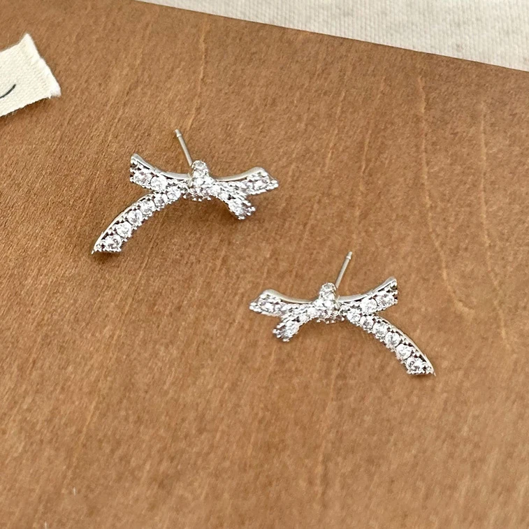

Real 925 Sterling Silver Full Zircon Bowknot Stud Earrings Ring Necklace for Women Cute Fine Jewelry Minimalist Accessories