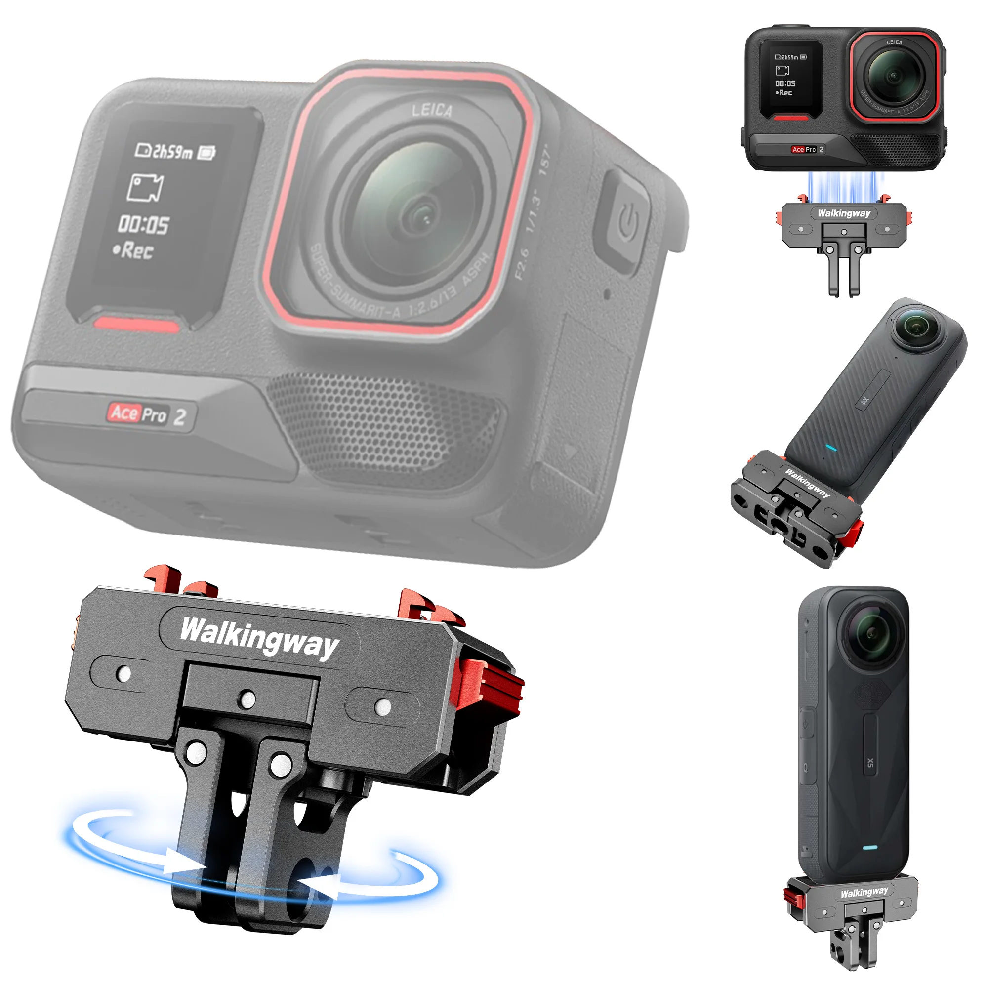 ウォーキングウェイ360-°-insta360-x5-4-air-ace-pro-2用回転式磁気クイックリリースマウント、1-4ネジ付き折りたたみ式デュアルクローアダプター