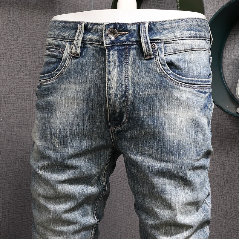 Italian Style Fashion Men Jeans High Quality Retro Blue Elastic Slim Fit Ripped Jeans Men Trousers Vintage Designer Pants Hombre