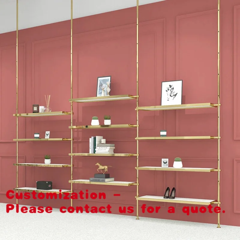 custom.Custom Shiny Gold Stainless Steel Wall Mounted Garment Store Rack with Easy Assembly Shoe and Bag Stores