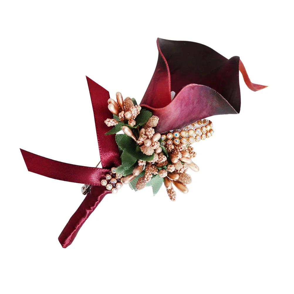 

Artificial Flower Brooch Pins Rhinestone Inlaid Wedding Bridal Boutonniere Bridegroom Suit Accessory Evening Party Prom Banquet