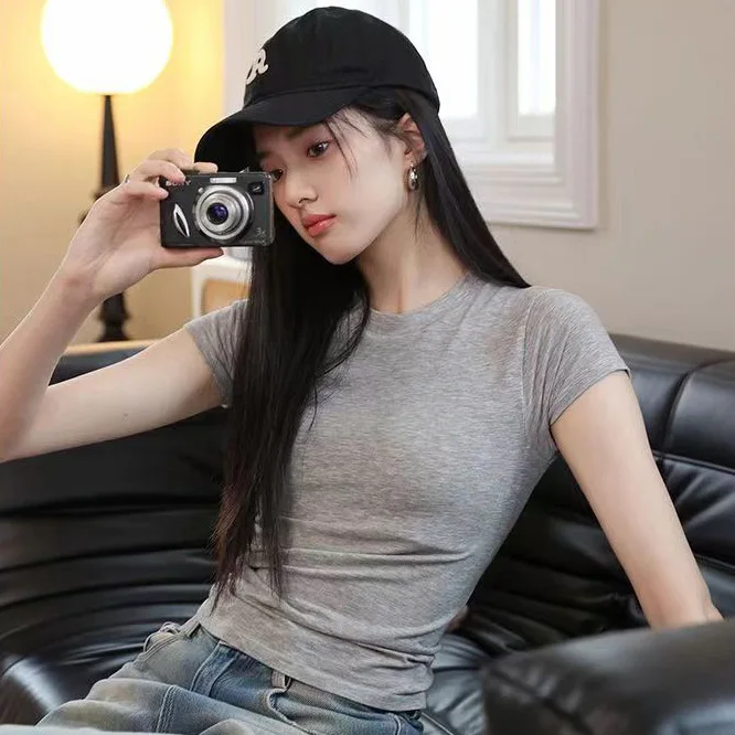 Y2K Sexy T-shirt Women Summer V-neck Tee Shirt Femme Solid Slim Short Sleeve Sport Fashion Tshirt Woman Clothes Crop Top Kpop