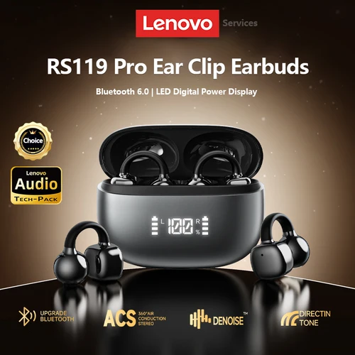 Imagen 2 del producto Audífonos Inalámbricos Lenovo Open Ear, Bluetooth 6.0, Cómodos, con Clip, para Juegos y Deportes, con Pantalla LED Digital de Energía, RS119 Pro