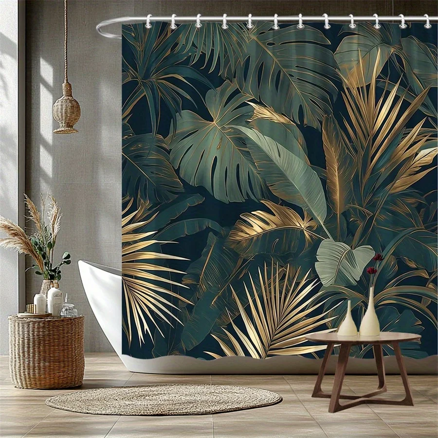 

Занавеска для душа с изображением тропических пальм и монстеры – темно-бирюзовый фон, листья с золотистой окантовкой, 2D плоская печать, полиэстер, 12 отверстий для крючков.
