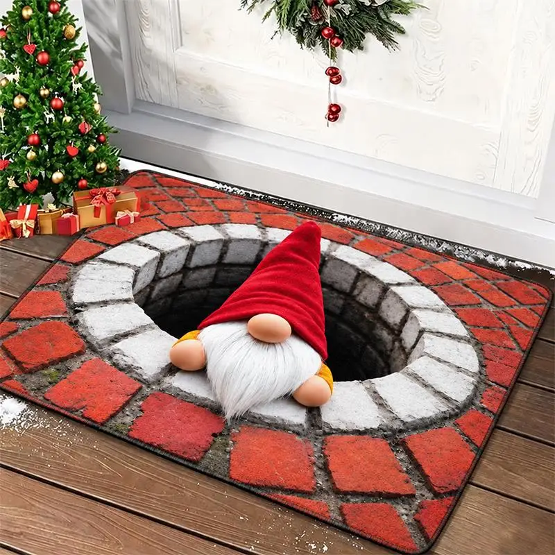 Christmas 2D Flat Printed Floor Mat Cute Red Hat Goblins Pattern Indoor Outdoor Mat Brick Pattern Design Carpet Holiday Decor