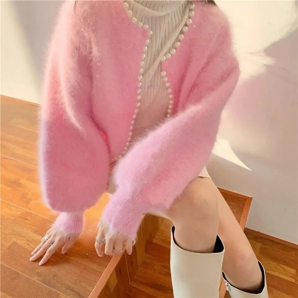 

Spring Autumn New Bridesmaid Shawl Knit Jacket Tops Korean Pearl Edge Imitation Mink Velvet Cardigan Sweater Women's Outer Wear