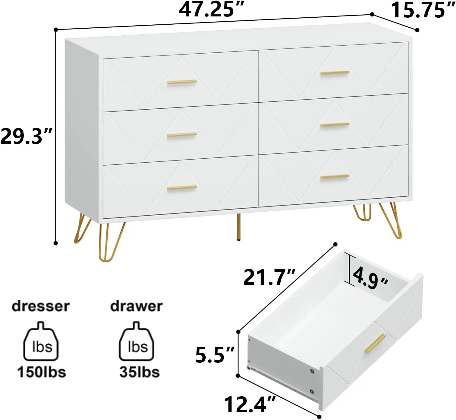 Comò moderno per camera da letto, comò con cassetti larghi e manici in metallo, cassettiera portaoggetti per soggiorno