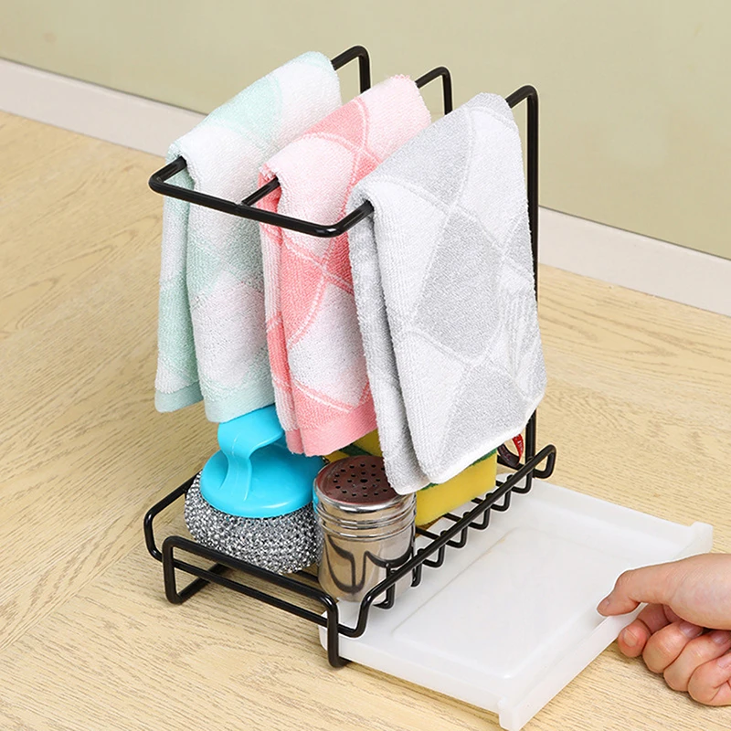 Kitchen Dishcloth Storage Rack Space-Saving Sink Sponge Drainage Rack Wall Mounted With Removable Drip Tray