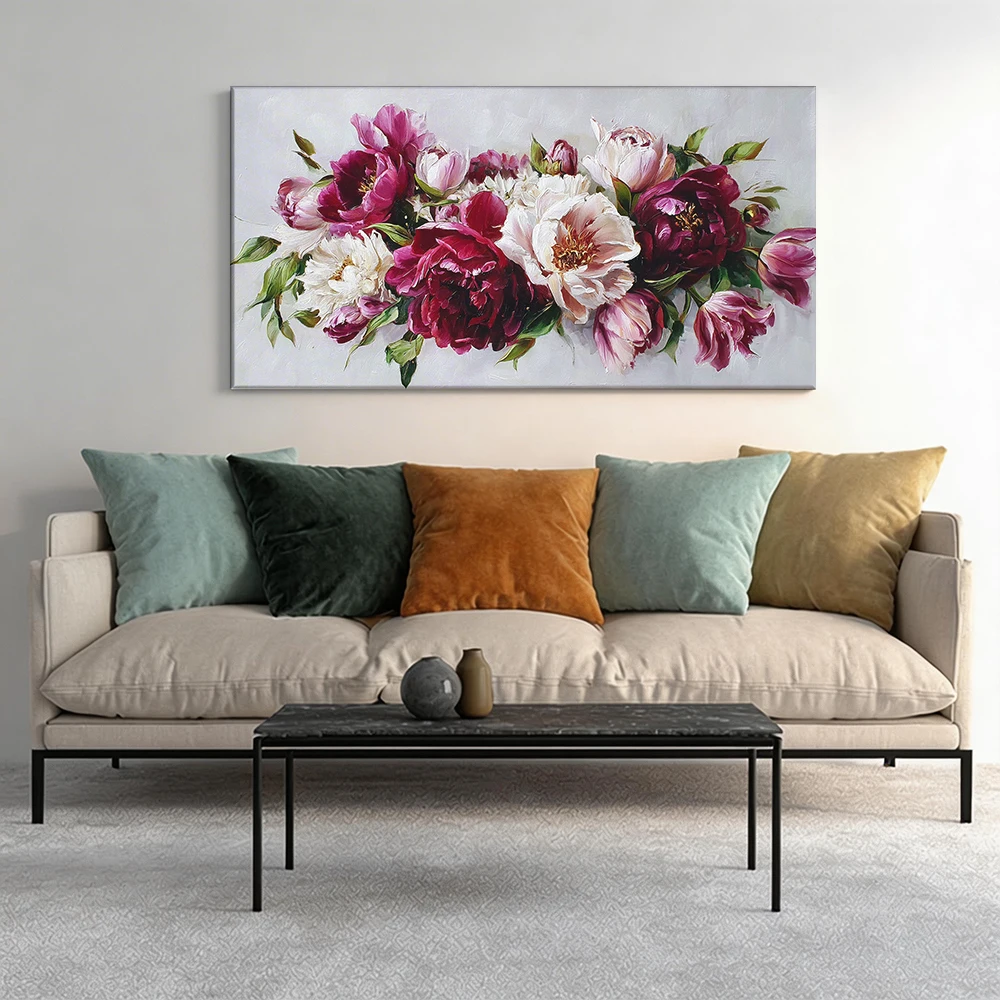 

Large-sized solid wood frame canvas painting 1pc Peony oil painting, pink white.