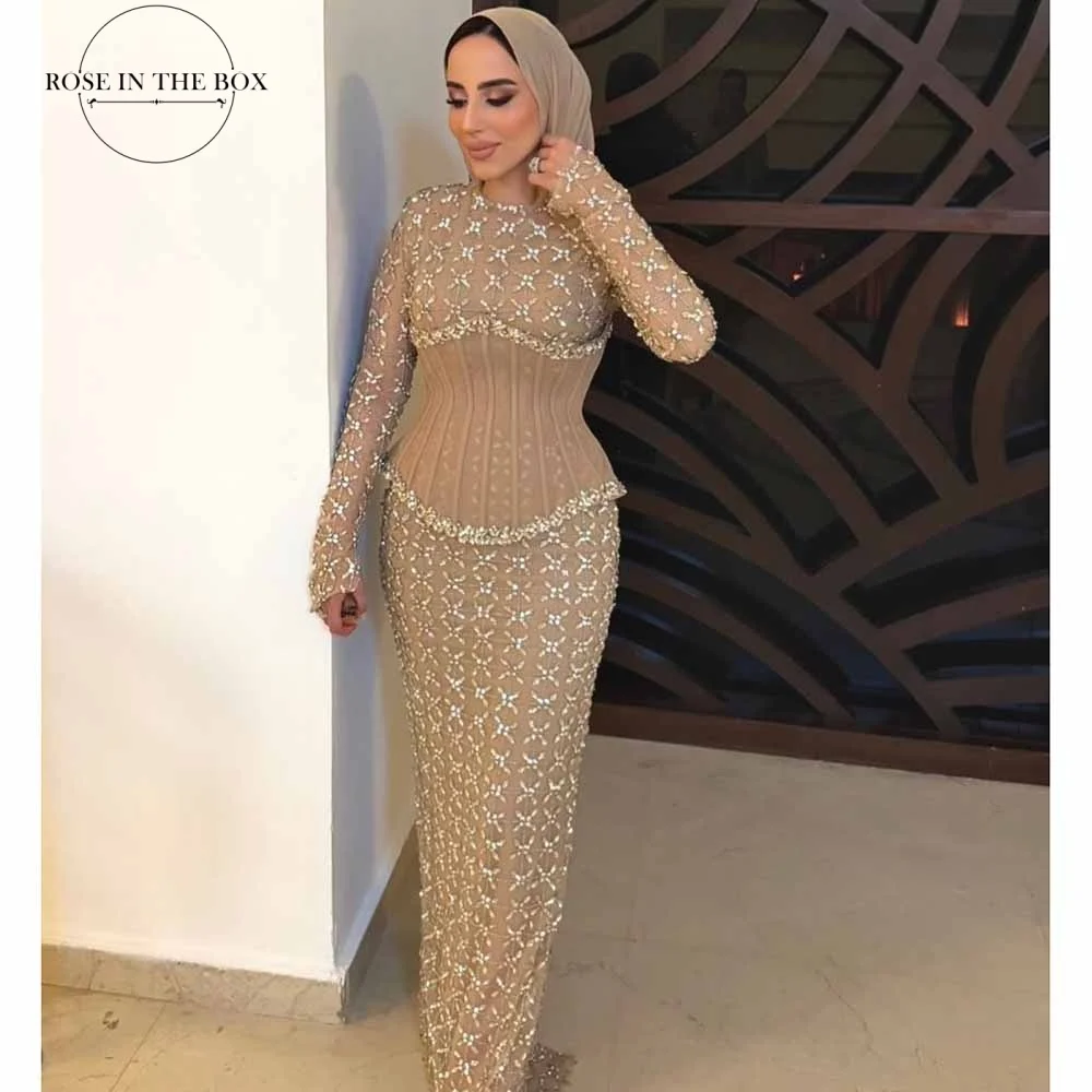 ROSEINBOX Luxury Beaded Evening Dresses Muslim Mermaid Long Sleeve Sheath Crystal Party Dress with Scarf for Women Customized