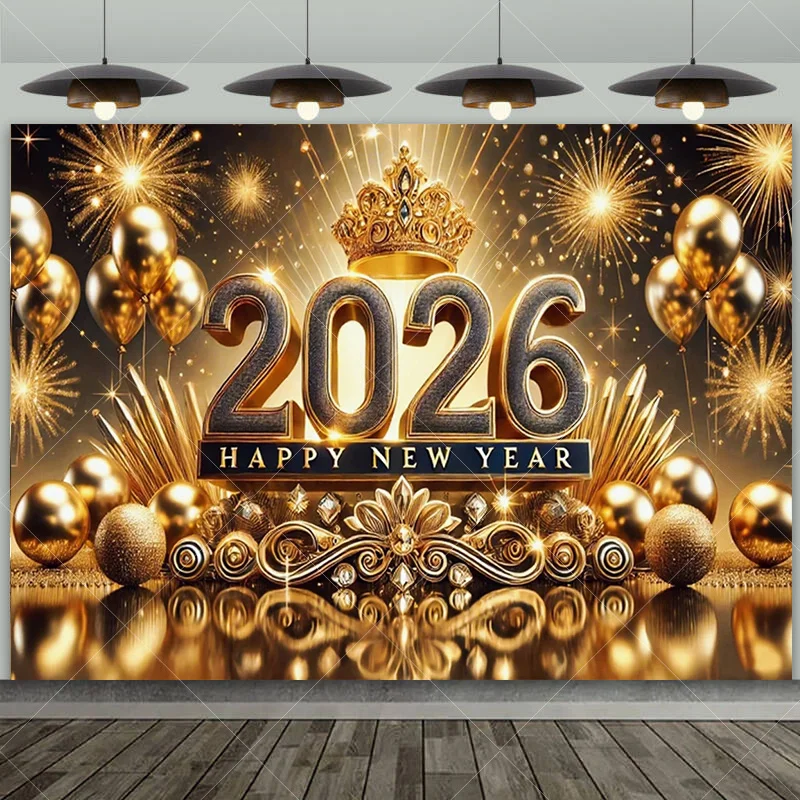 

2026 Happy New Year Backdrop Balloon Crown Champagne Background Family Party Supplie Decor Banner Poster Photography Prop