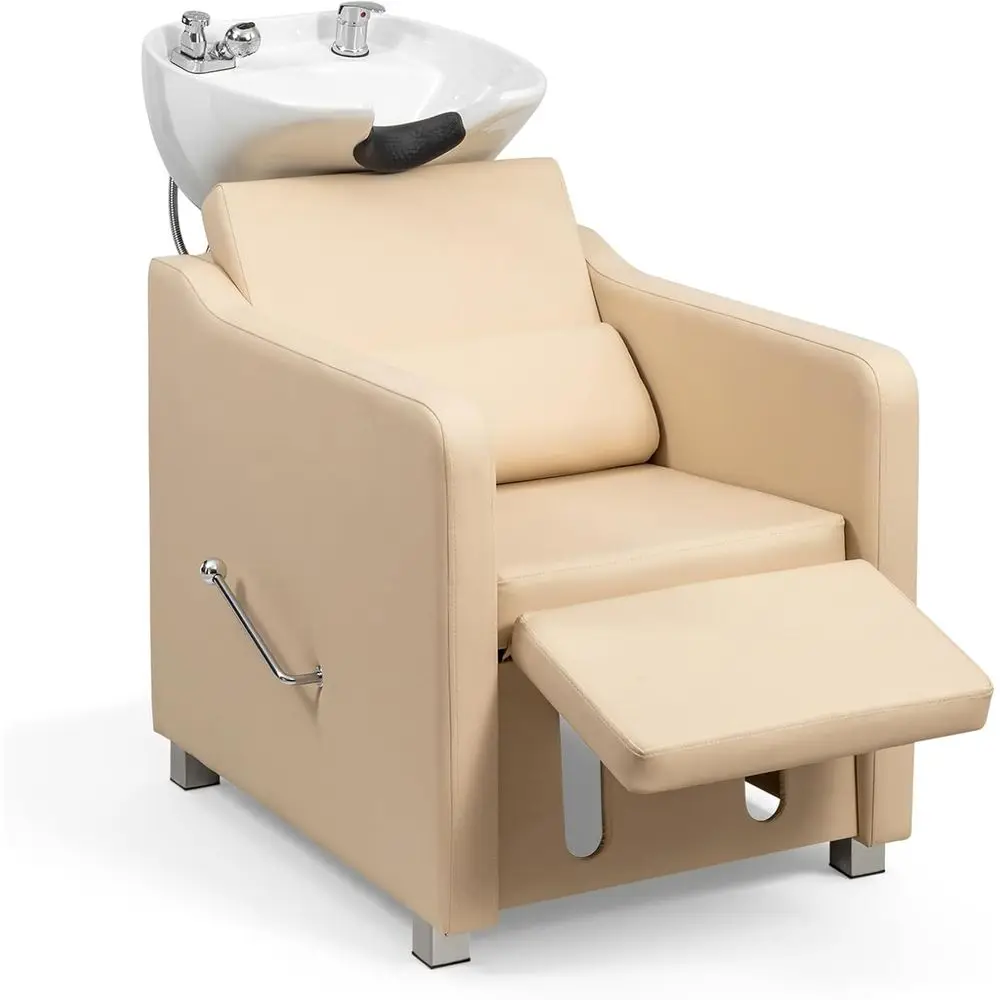 

Регулируемое кресло-мойка для парикмахерских, спа-салонов и салонов красоты с откидной спинкой и раковиной для мытья волос, бежевое