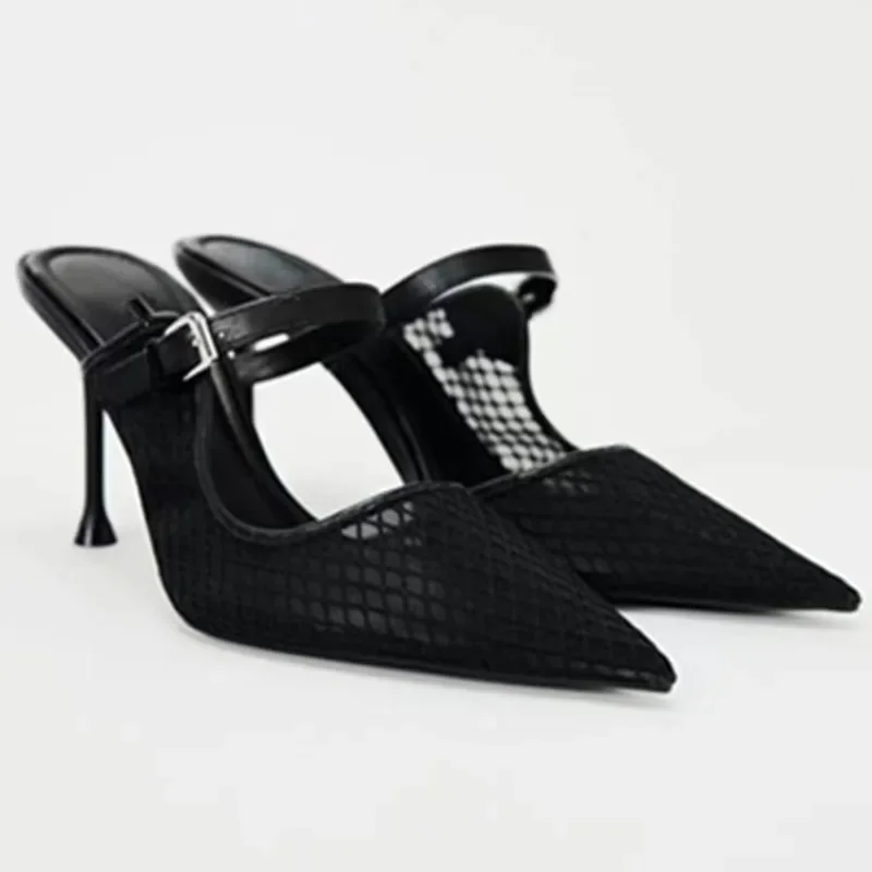 

High Heels Mules Shoes for Laides Sexy Pointed Toe 2024 Summer Stilettos Black Hollow Breathable Mesh Vintage Women's Sandals